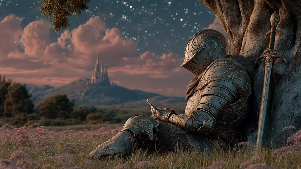 A knight in ornate armor sits beneath a large tree, gazing at a distant fairytale castle.  The setting sun casts a warm glow on a field of wildflowers.  The knight holds a smartphone, a humorous juxtaposition of medieval fantasy and modern technology.  Stars twinkle in the twilight sky above, completing a serene, dreamlike scene.