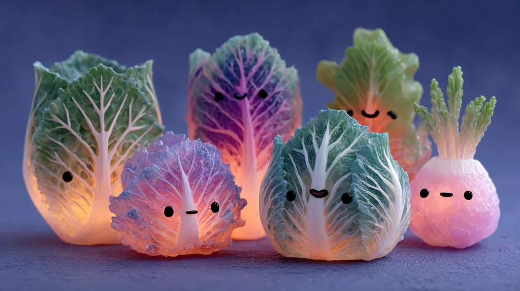 Five whimsical vegetable figurines glow softly.  Resembling cabbages and a turnip, they have cartoonish faces and are rendered in translucent materials with varying pastel colors.  The soft light emanating from within creates a magical and enchanting scene.  The figures are arranged on a dark purple surface.