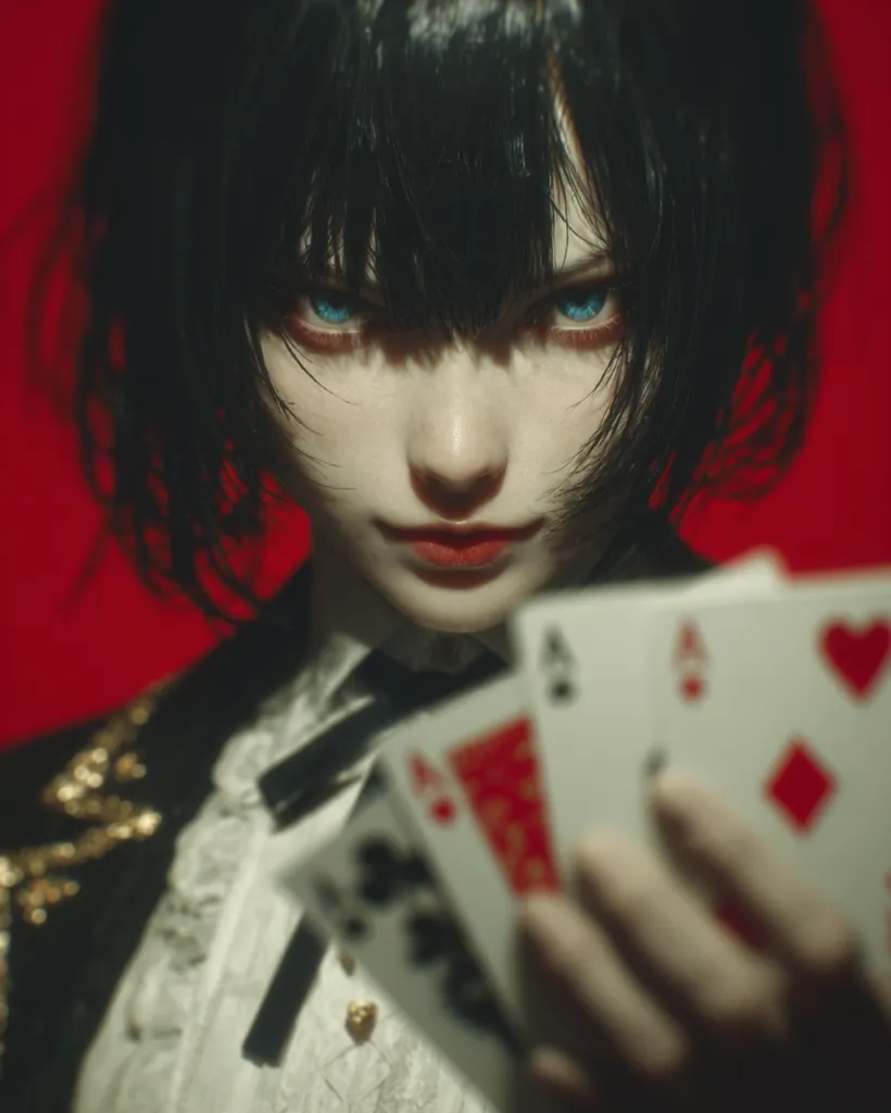 A stylized female character with vibrant blue eyes and dark, short hair holds a hand of playing cards.  She's dressed in a dark jacket with gold accents and a white ruffled collar, suggesting a blend of formal and perhaps rebellious attire.  The intense gaze and dramatic lighting create a mysterious and captivating mood against the deep red backdrop.  The image evokes a sense of intrigue and possibly a game of chance.