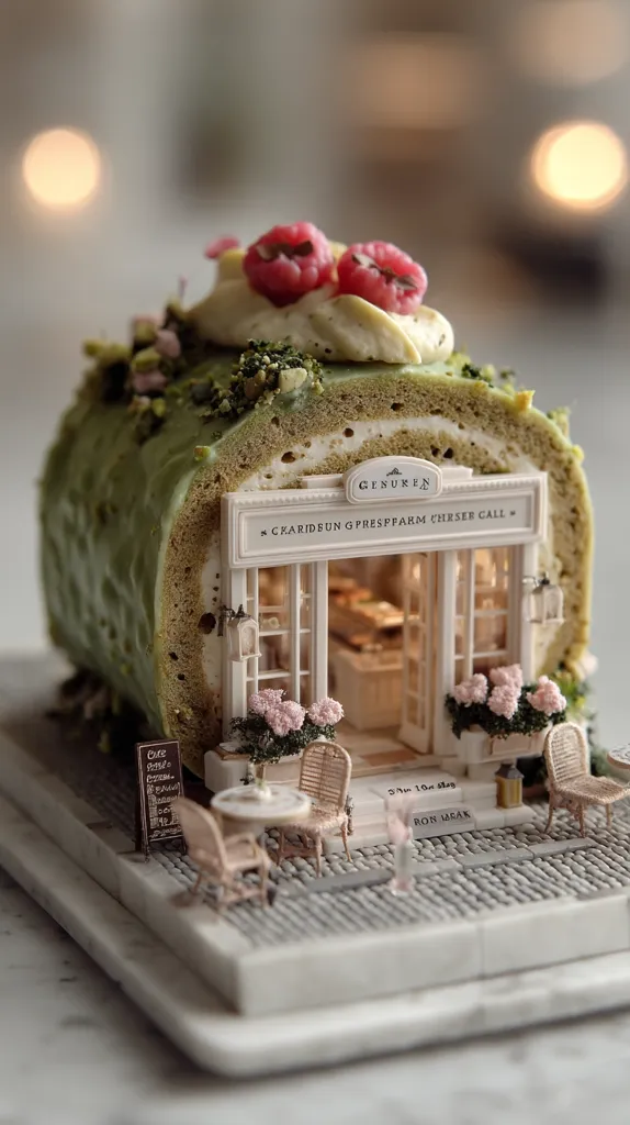 A meticulously crafted miniature scene features a matcha swiss roll cake transformed into a charming storefront.  The cake's creamy frosting and raspberry topping are visible, while the interior reveals a tiny cafe with miniature furniture and floral accents.  The detailed setting includes a cobblestone pathway and a small menu board, creating a whimsical and enchanting display.