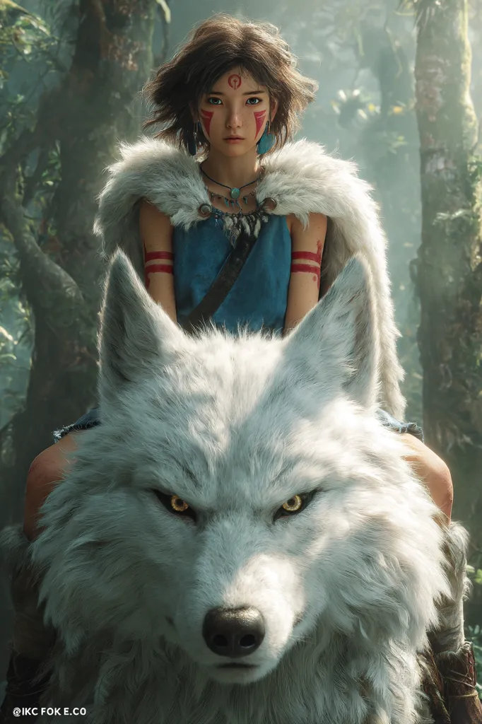 A young woman with red markings on her face and arms sits atop a large, majestic white wolf.  She wears a fur-trimmed blue tunic and a necklace.  The scene is set in a sun-dappled forest, creating a mystical atmosphere.  The woman and wolf share a direct gaze with the viewer, conveying a sense of strength and connection with nature.