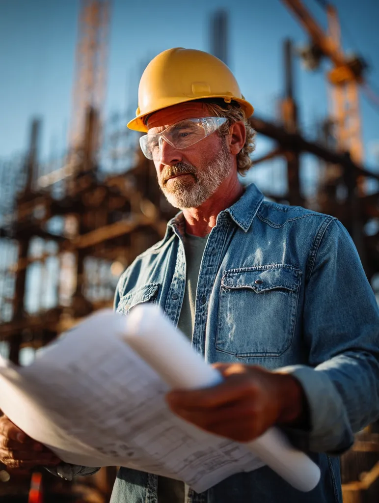 A mature construction worker, wearing a yellow hard hat and safety glasses, carefully reviews blueprints at a bustling construction site.  The sunlit image showcases the worker's focused expression as he studies the detailed plans.  The background features towering cranes and the skeletal framework of a building under construction.