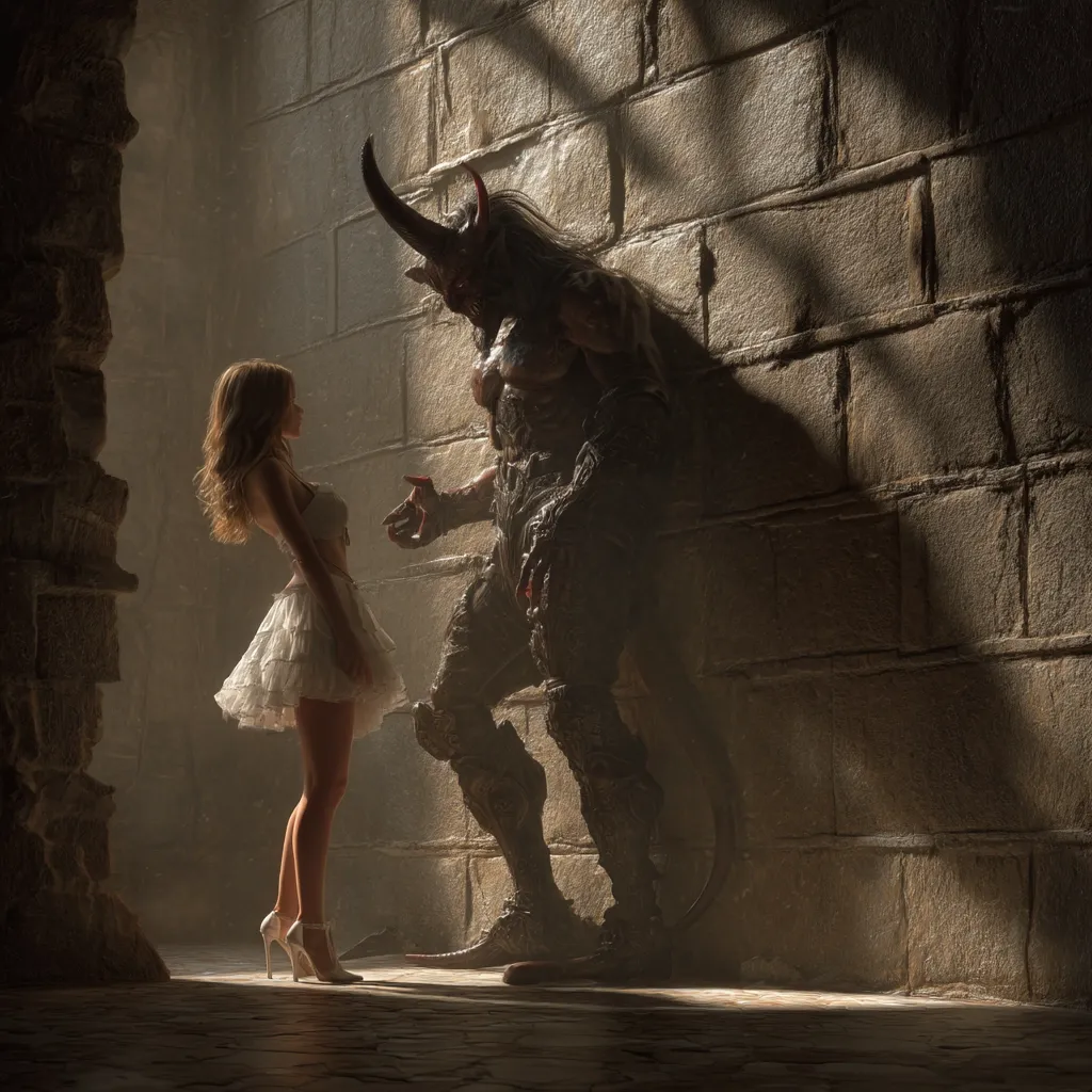 A young woman in a white dress stands facing a large, horned demon in a dimly lit stone corridor.  The demon, dark and imposing, leans against the wall.  Sunlight streams through openings, illuminating dust motes in the air. The contrast between the delicate woman and the monstrous figure creates a dramatic and unsettling scene.  The atmosphere is one of suspense and potential danger.