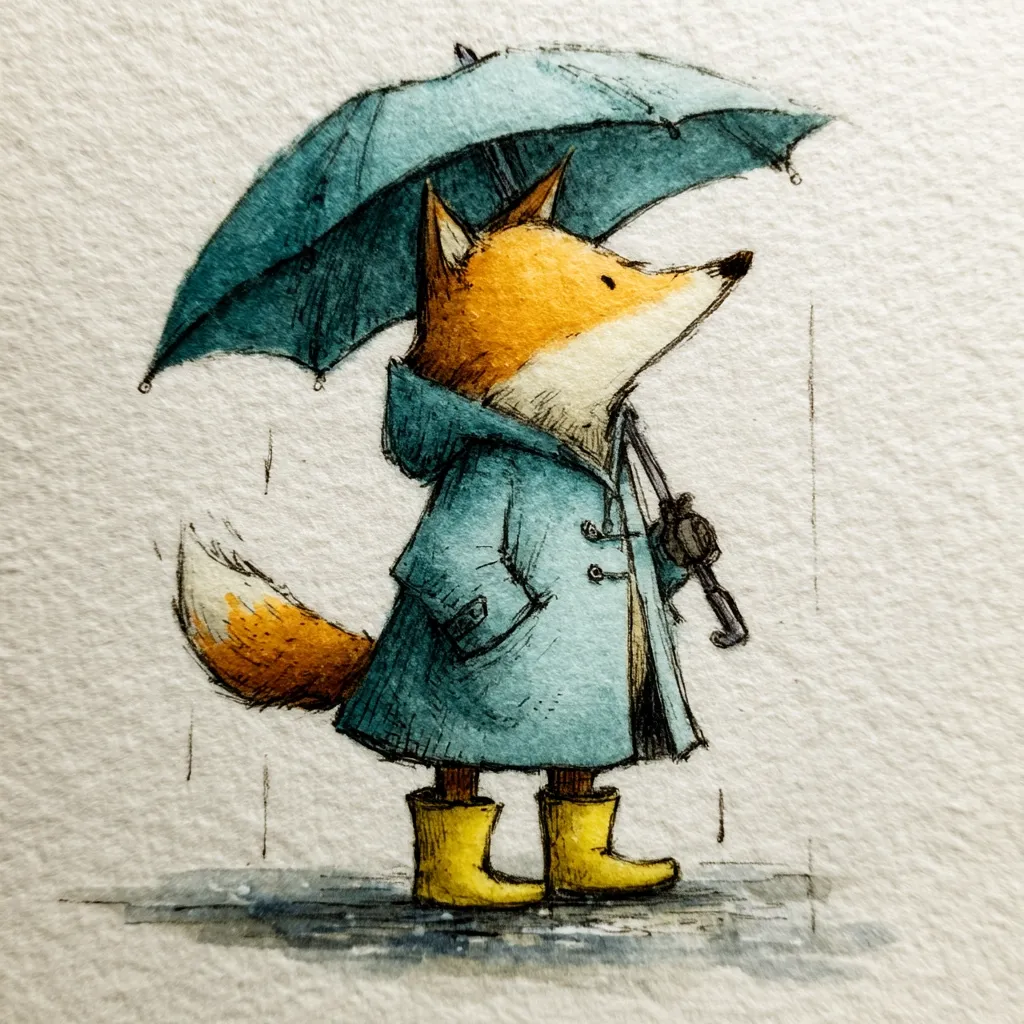 A charming watercolor illustration depicts a fox, clad in a teal raincoat and yellow boots, standing under a blue umbrella in the rain.  The fox's orange fur contrasts beautifully with its outerwear.  Rain droplets fall around the fox, adding to the whimsical charm of the piece. The style is simple yet expressive, with visible brushstrokes contributing to its textured appeal.