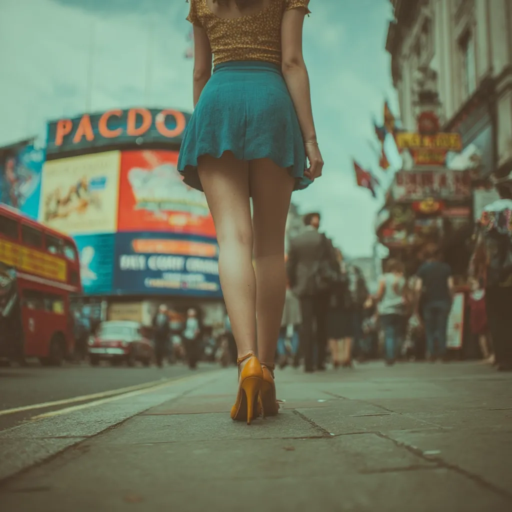 A woman in a teal mini skirt and mustard yellow top walks down a busy London street.  She wears yellow high heels.  The background is blurred, showing a bustling city scene with a double-decker bus and Piccadilly Circus advertisements. The overall tone is vintage and slightly melancholic.