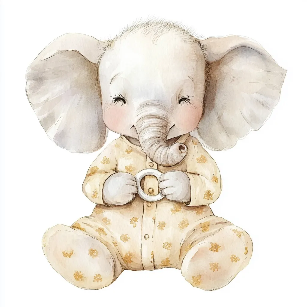 A watercolor illustration of a cute baby elephant. The elephant is sitting down, wearing a light beige onesie with gold floral patterns.  Its eyes are closed in a peaceful expression, and it holds a teething ring. The style is soft and gentle, ideal for children's books or nursery decor.