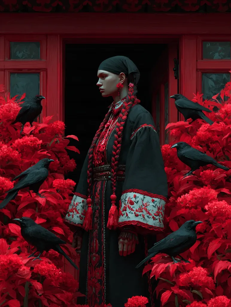 A woman in a dark, embroidered dress stands amidst vibrant red flowers.  Several black crows perch on the foliage surrounding her. She wears a black headscarf and traditional-style clothing with red accents. The backdrop is a dark red doorway, creating a dramatic and mysterious atmosphere. The overall image evokes a sense of folklore or fantasy.