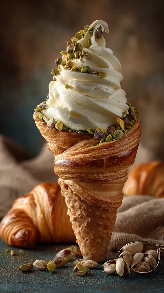 A delectable ice cream cone is the centerpiece of this image.  Vanilla ice cream, generously sprinkled with pistachios, is nestled in a crispy, flaky croissant cone.  Two additional croissants are artfully arranged in the background, enhancing the overall sense of deliciousness.  Scattered pistachios on the dark surface complete the visually appealing composition.