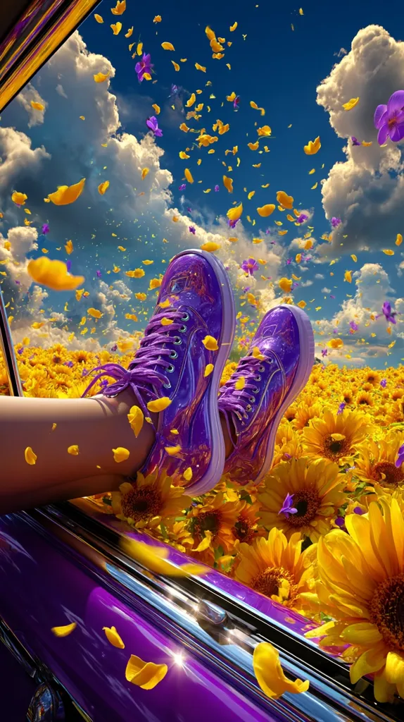 Legs in vibrant purple sneakers dangle from a purple car window, surrounded by a field of sunflowers.  Yellow and purple petals float in the air against a bright blue sky with fluffy white clouds. The scene is surreal and dreamy, evoking feelings of joy and freedom.  The contrast of the purple car and shoes against the yellow sunflowers creates a striking visual.
