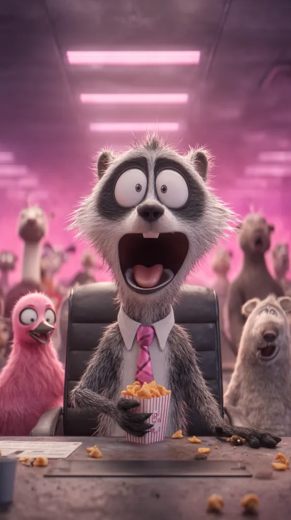 A surprised-looking raccoon in a business suit sits at a table, holding a box of popcorn.  He's surrounded by other anthropomorphic animals, including a pink bird and a sheep, in what appears to be a meeting room with pink lighting. The raccoon's wide eyes and open mouth convey shock or excitement.  Popcorn spills onto the table. The overall style suggests a still from a CGI animated film.