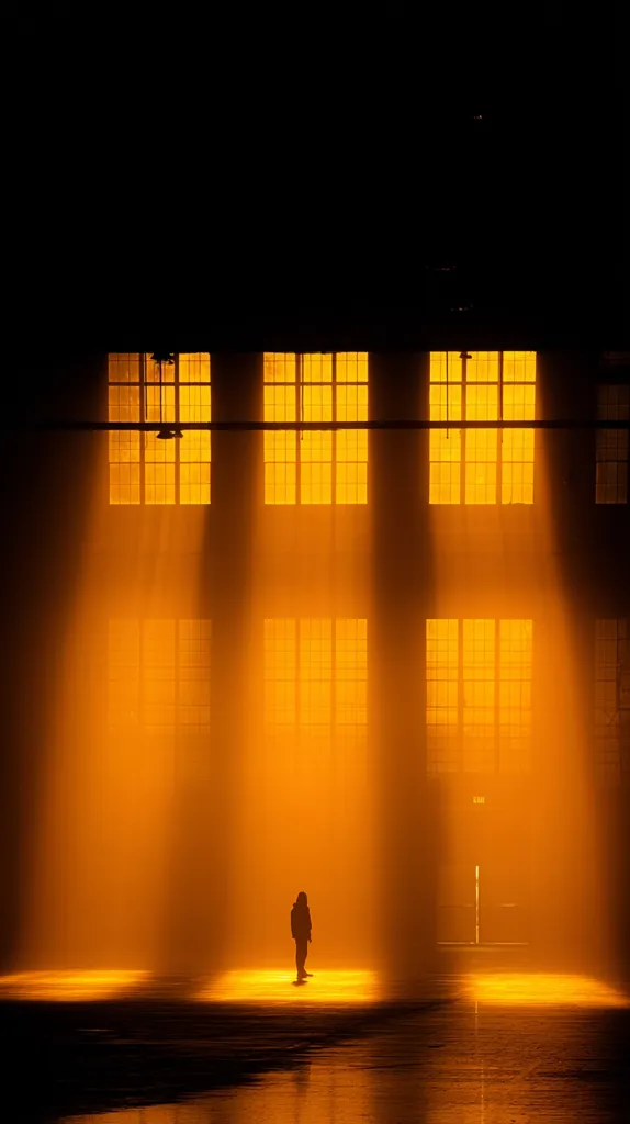 A lone figure stands silhouetted in a large, dimly lit industrial space.  Golden light streams through numerous tall windows, creating beams of light that illuminate the figure and the floor.  The atmosphere is both mysterious and serene, suggesting a moment of contemplation or solitude within the vast, empty building. The overall palette is dominated by warm oranges and deep shadows.