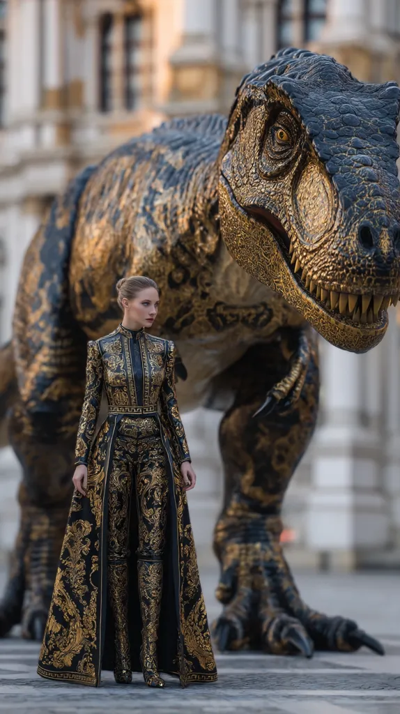 A woman in a long, ornate black and gold gown stands before a majestic, metallic gold and black Tyrannosaurus Rex.  The gown features intricate detailing and high boots, matching the dinosaur's gilded texture.  The setting appears to be a grand, classical European-style city square, creating a striking contrast between the historical architecture and the futuristic, fantastical creature.