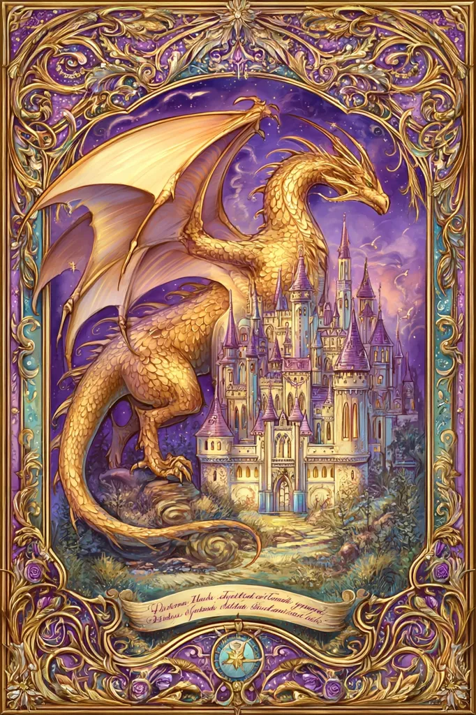 A majestic golden dragon, wings spread wide, stands guard before a grand, ornate castle.  The scene is set against a twilight purple sky, adorned with stars.  The image is framed by an elaborate gold and purple border, reminiscent of a medieval manuscript, adding to the fantasy feel.  A decorative scroll at the bottom contains an inscription. The overall style is detailed and evocative of fairy tales and fantasy literature.
