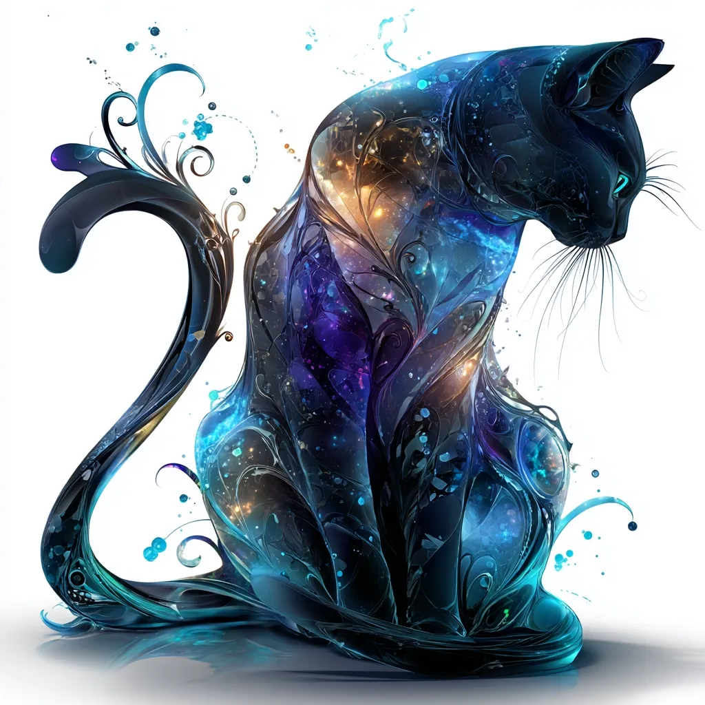 A digital artwork depicts a stylized black cat, seemingly sculpted from dark, swirling liquid.  The cat's form is interwoven with intricate, glowing blue and purple floral patterns, resembling a cosmic nebula. Its sleek body and elegant tail flow into the design, creating a surreal and ethereal image.  The background is white, allowing the vibrant colors of the cat to stand out.