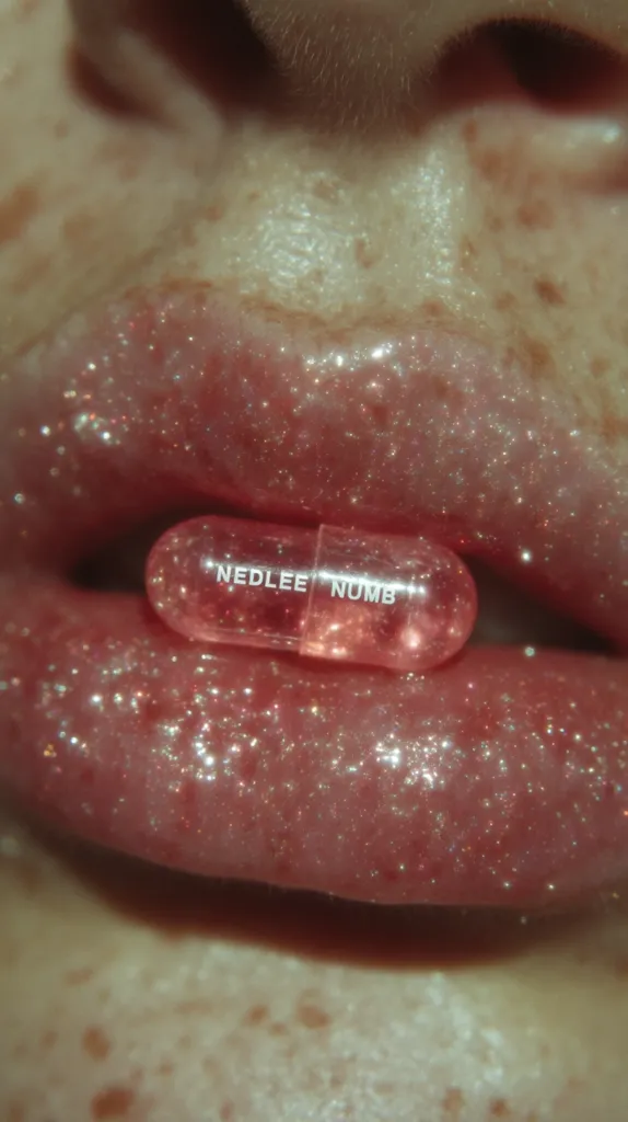 Close-up of a person's lips, heavily coated in pink glitter lip gloss.  A translucent pink capsule with "NEDLEE NUMB" imprinted on it rests between the lips. The image has a dreamy, slightly surreal quality. The person's skin is visible, showing freckles. The overall aesthetic is glamorous and somewhat melancholic.