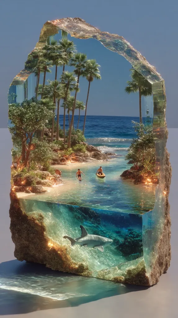 A translucent rock sculpture encapsulates a serene tropical beach scene.  Palm trees line a sandy shore, where two figures enjoy the water. A kayak glides on a calm inlet, leading to a vibrant ocean.  Beneath the surface, a shark swims amidst coral, creating a captivating contrast between the above-water paradise and the underwater world.  The piece is artistically lit, enhancing its ethereal quality.