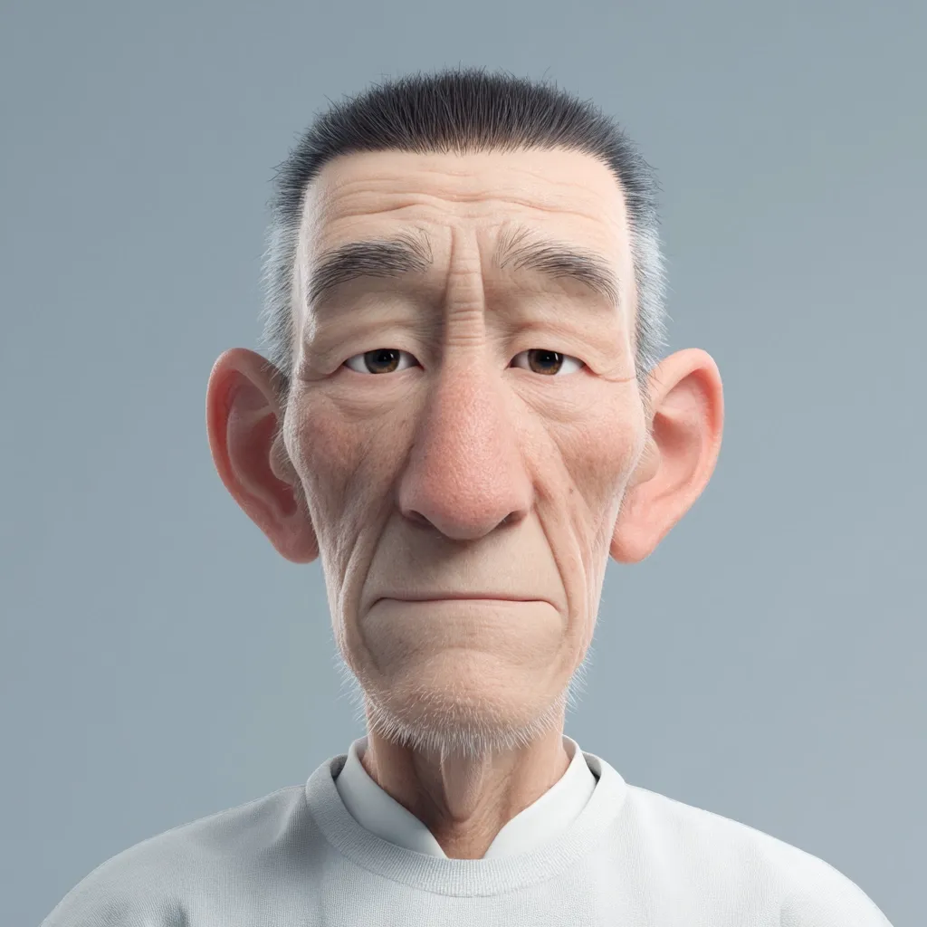 A close-up shot reveals a 3D-rendered portrait of an elderly Asian man.  His face is detailed, showcasing wrinkles and age lines.  He has a short, dark haircut and wears a simple, light-colored collared shirt. The rendering style is realistic yet slightly stylized, giving a cartoon-like quality to his features.  His expression is neutral, almost serene.