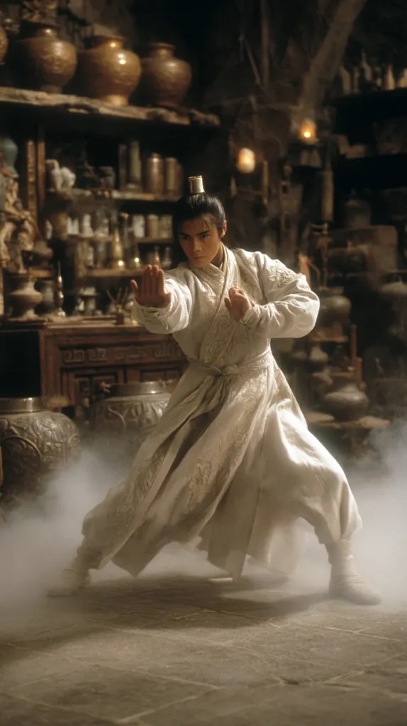A young man in a flowing, light-beige martial arts robe executes a martial arts pose in a dimly lit apothecary.  The room is filled with shelves of jars and containers, suggesting herbs and potions.  A haze of smoke or mist surrounds his feet, adding to the mystical atmosphere.  He is poised and focused, his expression serious.