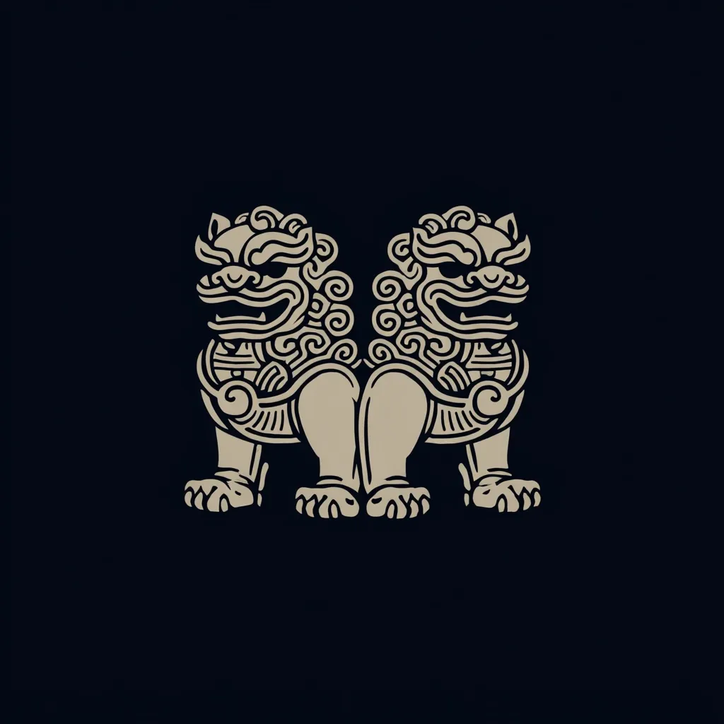 A stylized graphic depicts two mirrored Chinese guardian lions, also known as Foo Dogs.  They are depicted in a beige color against a dark blue background.  The lions are intricately detailed with swirling patterns and ornate features. Their posture is dignified and powerful, suggesting protection and good fortune. The design is symmetrical and visually striking.