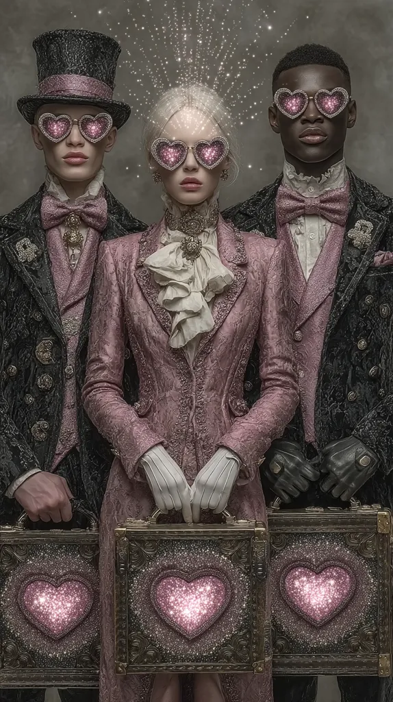 Three figures in Victorian-inspired attire stand against a muted background.  A woman in a mauve, textured suit and heart-shaped glasses is flanked by two people in dark, ornate jackets and matching heart-shaped glasses.  Each holds a glittering, heart-adorned briefcase.  A sparkling effect emanates from the woman's head.  The overall aesthetic is dark, romantic, and fantastical.