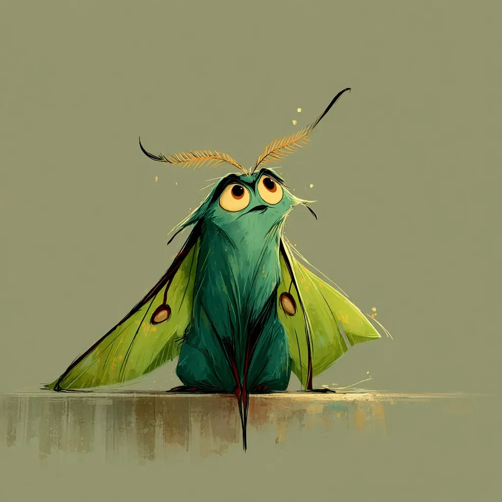 A whimsical illustration of a teal, furry moth-like creature with large, expressive eyes.  Its lime-green wings are outstretched, and it sits on a muted green surface, gazing upward with a curious expression. The style is painterly and slightly abstract, with soft edges and a muted color palette. The overall mood is gentle and imaginative.