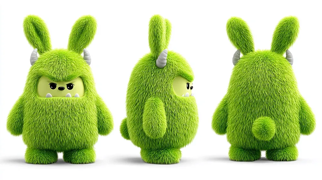 Three views of a bright green, fluffy monster are shown.  It has long bunny ears and small horns, a grumpy expression, and a short tail.  The monster is rendered in a 3D style, appearing soft and plush.  The background is pure white, highlighting the creature.