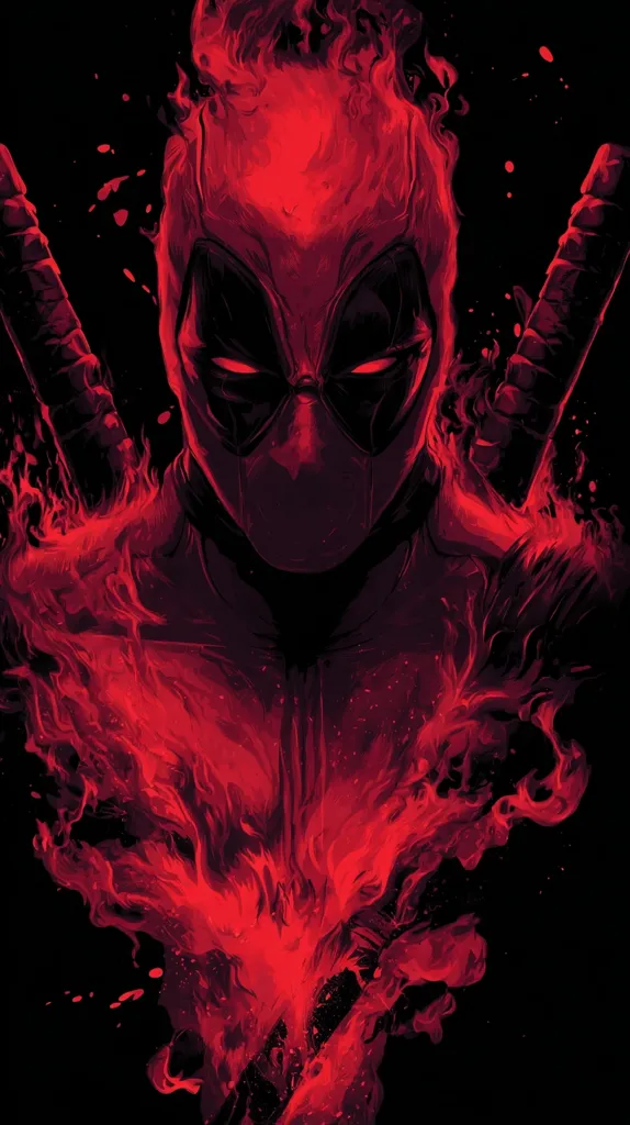 A stylized image of Deadpool, rendered in fiery shades of red against a black background.  His iconic mask is visible, and flames seem to engulf him, suggesting intensity and power.  Two katanas are partially visible behind him, emphasizing his mercenary persona.  The overall effect is dark, dramatic, and visually striking.