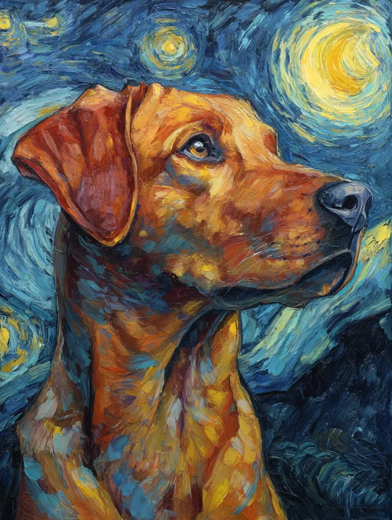 A vibrant oil painting in the style of Van Gogh depicts a reddish-brown Rhodesian Ridgeback dog.  The dog's head and shoulders are prominently featured, gazing towards the upper right.  The background mimics Van Gogh's swirling night sky, complete with stars and a bright moon, creating a dramatic contrast with the dog's rich fur.  Thick, impasto brushstrokes are characteristic throughout the artwork.