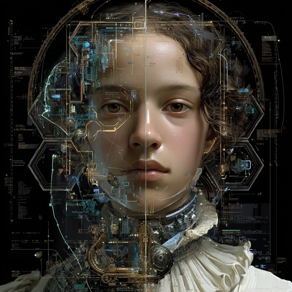 A young woman's face is superimposed over a complex, glowing network of circuits and data streams.  The intricate technological overlay suggests a fusion of human and machine, creating a visually striking image of futuristic technology and its potential integration with the human form.  Her serene expression contrasts sharply with the busy, vibrant digital elements surrounding her.  The style is highly detailed and digitally rendered.