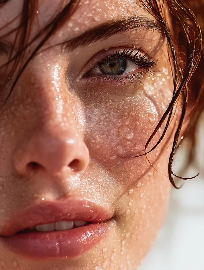 Close-up of a woman's face, glistening with perspiration.  Her reddish-brown hair is wet and falls across her forehead.  Her skin is dewy and highlighted by light, emphasizing her features, including her expressive eyes and full lips. The overall image conveys a sense of freshness and vitality.