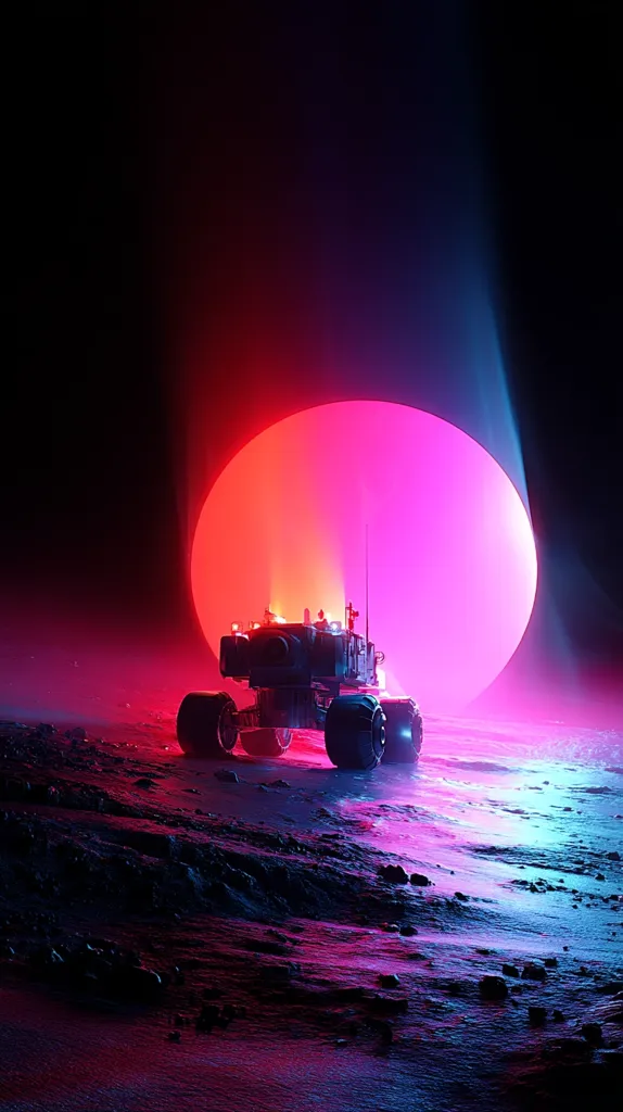 A futuristic rover sits on an alien landscape bathed in vibrant pink and blue neon light.  A large, glowing orb, reminiscent of a setting sun or a celestial body, dominates the background. The scene is otherworldly and evocative, with a strong sci-fi aesthetic.  The contrast between the dark rover and the bright, colorful environment creates a striking visual.