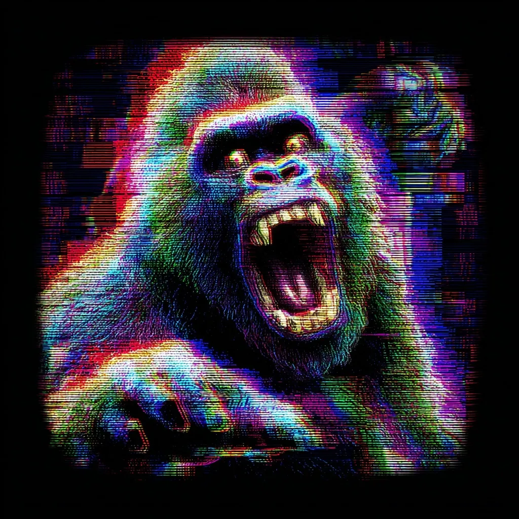 A vibrant, glitch-art style image depicts a gorilla's roaring face.  Its mouth is wide open, revealing sharp teeth. The artwork is dominated by intense, multicolored lines creating a distorted, almost psychedelic effect. The background features a blurred, dark pattern adding to the overall surreal and aggressive feel of the piece. The gorilla appears powerful and menacing.