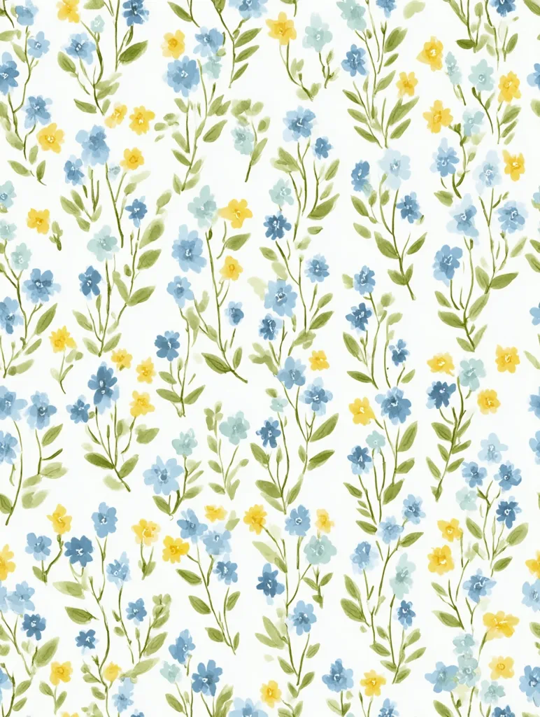 A seamless pattern featuring delicate watercolor flowers in shades of blue and yellow.  Small blossoms cluster along slender green stems, arranged in a repeating diagonal motif against a clean white background. The overall effect is soft, charming, and reminiscent of a spring meadow. The colors are muted and pastel, creating a gentle and calming visual.