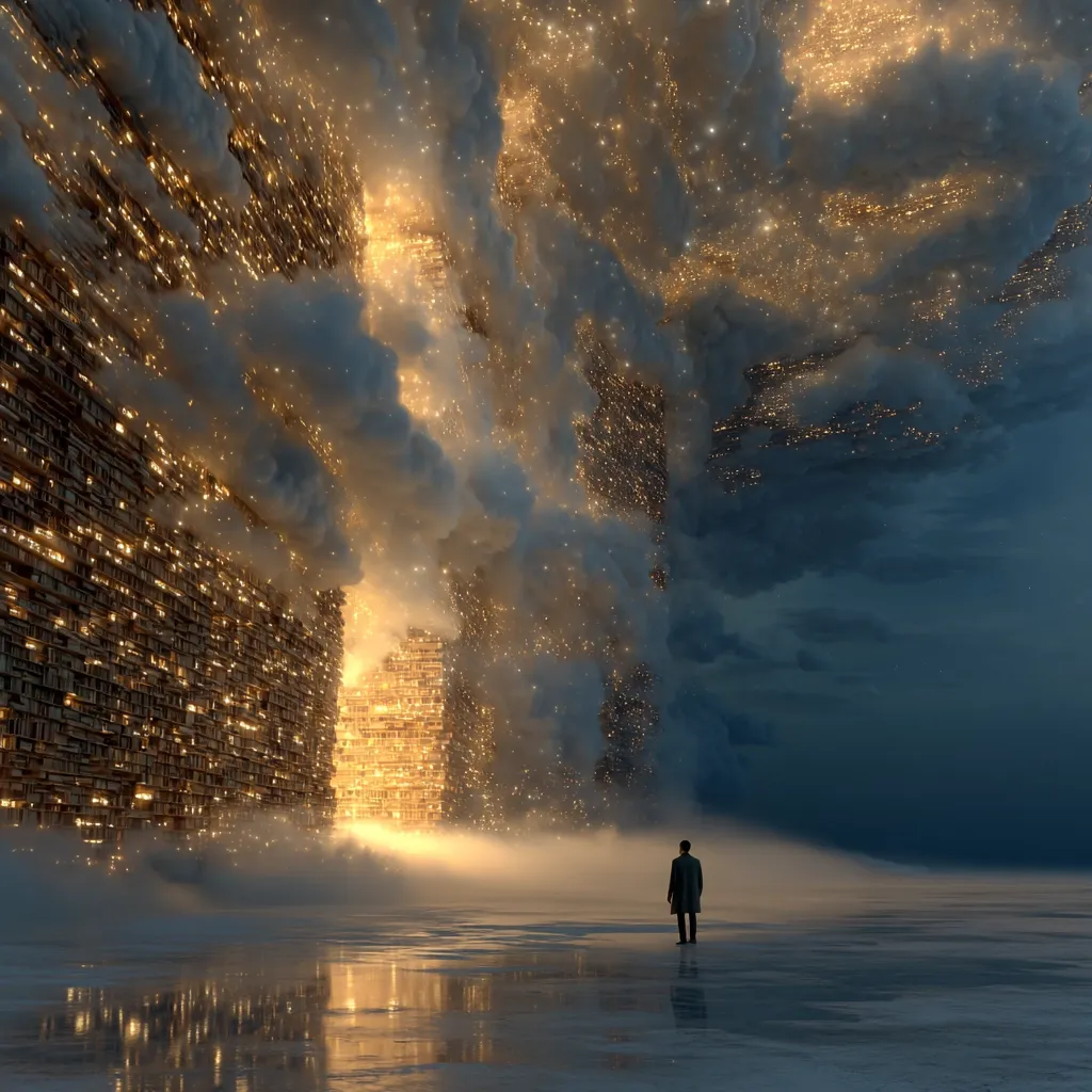 A solitary figure stands before a colossal, glowing structure resembling a city built into a cloud.  The structure is composed of countless golden, illuminated windows, seemingly extending into a vast, starry sky.  A mystical, ethereal atmosphere pervades the scene, with swirling clouds and a reflective, calm surface beneath the figure's feet.  The image evokes a sense of wonder and the unknown.