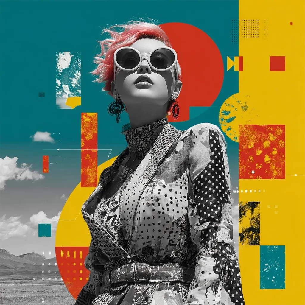 A stylish woman with pink hair and oversized sunglasses is the focal point of a vibrant, geometrically designed artwork.  Her monochrome outfit, featuring a patterned jacket and belt, contrasts with the bold yellow, teal, red, and orange shapes surrounding her.  The backdrop suggests a desert landscape, adding a touch of unexpected contrast to the modern, graphic aesthetic. The overall effect is a striking and contemporary collage.