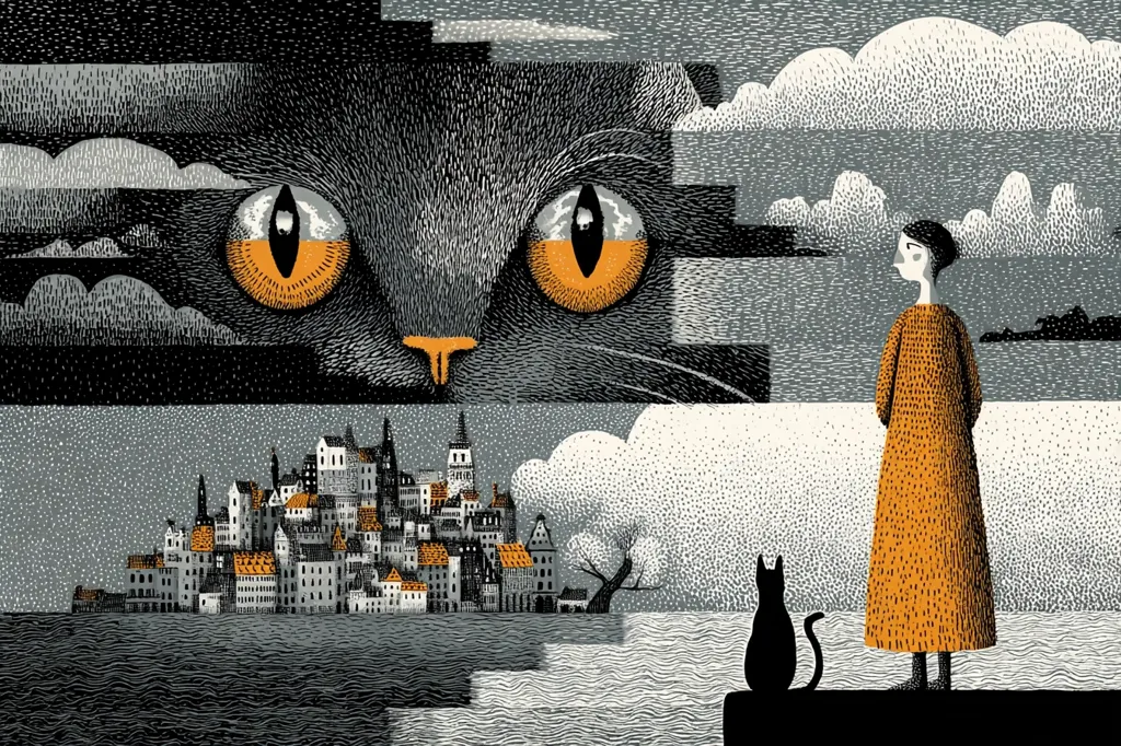 A stylized illustration features a colossal cat's face dominating the upper half, its large, orange eyes gazing down.  Below, a woman in an orange dress stands beside a small black cat, observing a quaint island town nestled on a calm sea. The artwork uses a textured, pointillist style with a muted color palette of grays, oranges, and blacks, creating a dreamlike atmosphere.