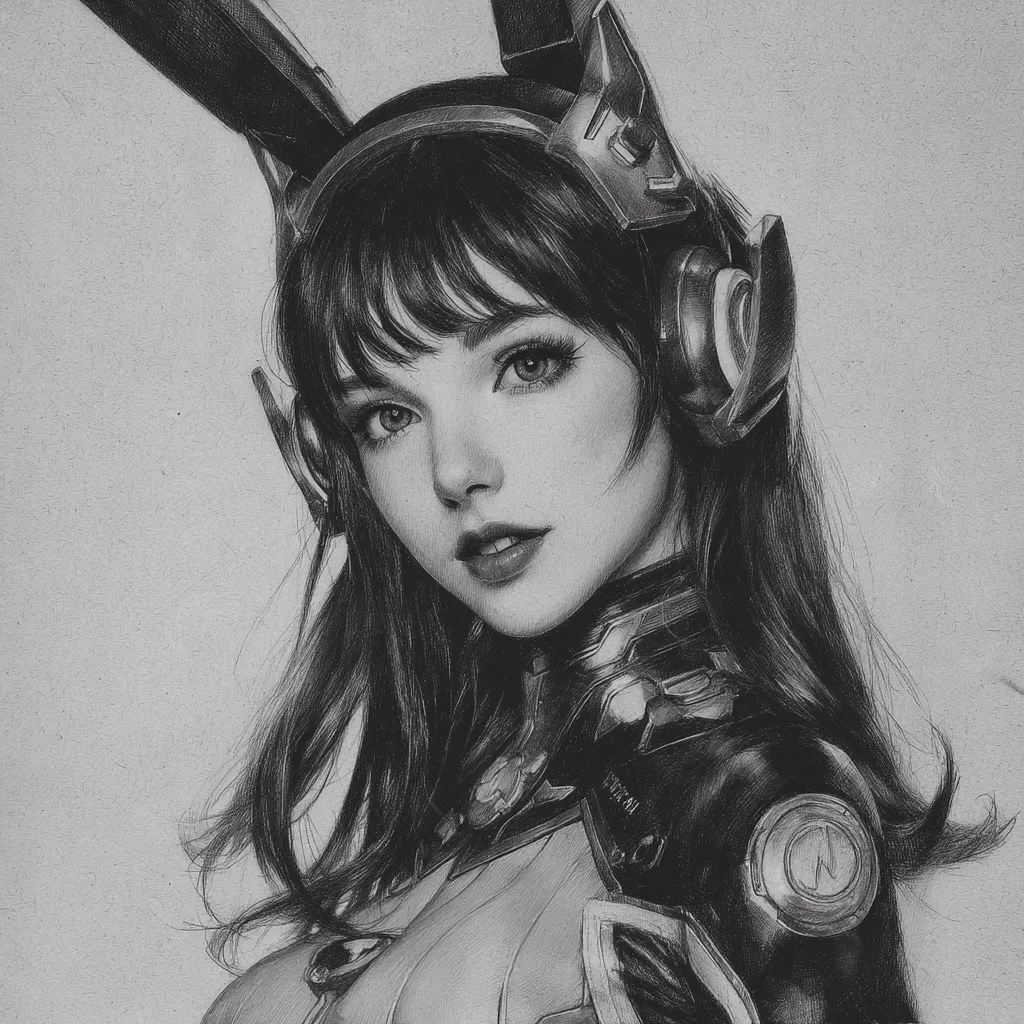 A meticulously detailed grayscale pencil drawing portrays a young woman with long, dark hair styled with bangs. She wears a futuristic headset adorned with bunny ears and a high-collared, armored garment.  Her expression is serene yet subtly assertive, her gaze directed slightly away from the viewer. The shading creates depth and texture, highlighting the intricate details of her attire and the subtle nuances of her face.  The style suggests a character from a video game or anime.