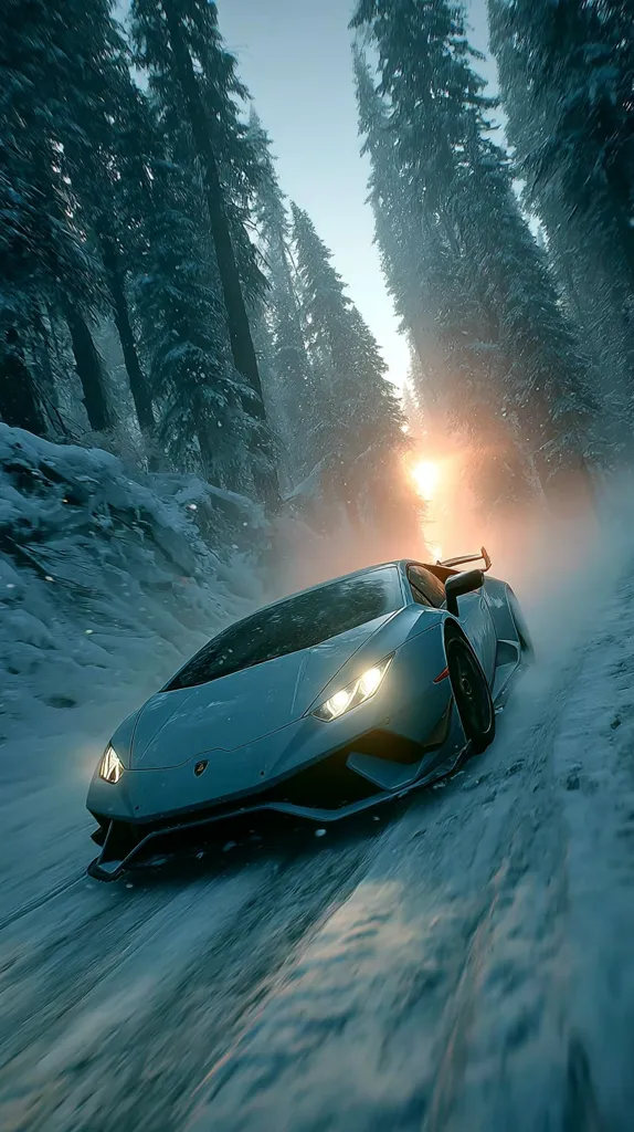 A light blue Lamborghini Huracán performs a powerful drift on a snow-covered road, cutting through a dense, snow-laden forest.  The setting sun casts a warm glow through the trees, creating a dramatic contrast with the cold winter scene.  The car's speed is evident in the motion blur, showcasing its dynamic performance in challenging conditions.
