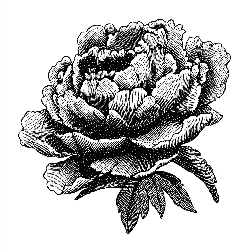 A detailed black and white illustration of a peony flower.  The image is rendered in a stipple style, creating a textured and intricate effect.  The petals are tightly packed, showcasing the bloom's fullness.  A few leaves are visible beneath the flower, adding to the botanical accuracy of the artwork.  The style is reminiscent of vintage botanical prints or wood engravings.