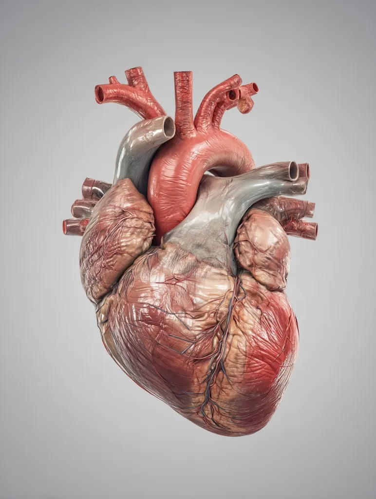 A detailed anatomical model of a human heart is presented against a neutral gray backdrop.  The model showcases the heart's chambers, valves, and major blood vessels, including the aorta and pulmonary artery, with realistic texturing and coloring.  The image offers a clear, three-dimensional view of the organ's complex structure.