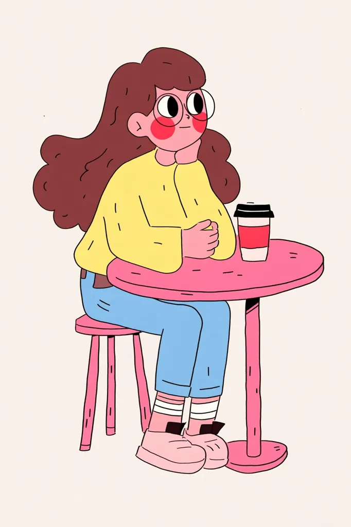A cartoon girl with long brown hair and glasses sits at a small pink table, thoughtfully resting her chin in her hand. She's wearing a yellow sweater and light blue jeans, and pink shoes.  A to-go coffee cup sits on the table beside her. The illustration has a minimalist, playful style.