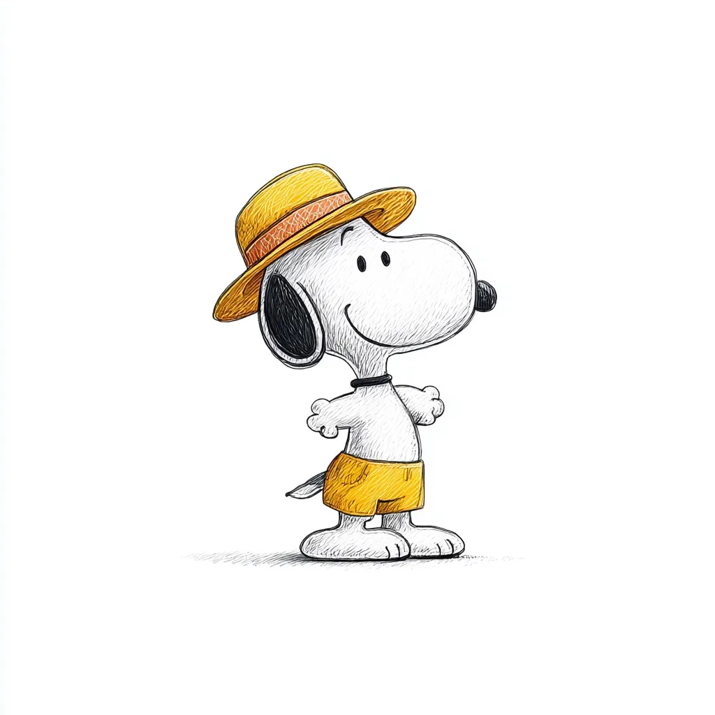 A cheerful Snoopy, rendered in a hand-drawn style, stands wearing a yellow sun hat and matching shorts.  His expressive eyes and relaxed posture convey a carefree summer vibe.  The simple yet detailed sketch highlights his iconic features, creating a charming and nostalgic image.  The white background accentuates the character.