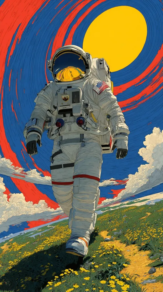 An astronaut in a white spacesuit, bearing a US flag patch, walks across a vibrant landscape.  The background is a swirling vortex of red, blue, and yellow, reminiscent of a painted sky.  A large yellow circle dominates the upper portion, contrasting against the colorful backdrop. The foreground shows a field of yellow wildflowers, creating a surreal and visually striking scene.