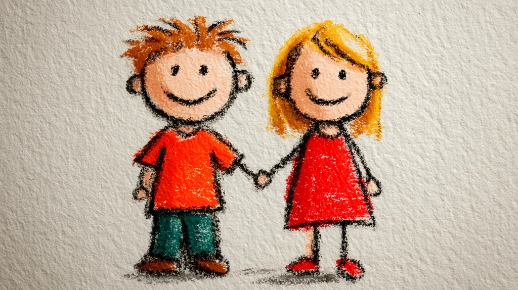 A crayon drawing depicts two smiling children holding hands. The boy has reddish-brown hair and wears an orange shirt and teal pants.  The girl has blonde hair and a red dress.  Their simple, childlike features convey a sense of friendship and happiness. The textured background suggests a crayon or pastel drawing style.