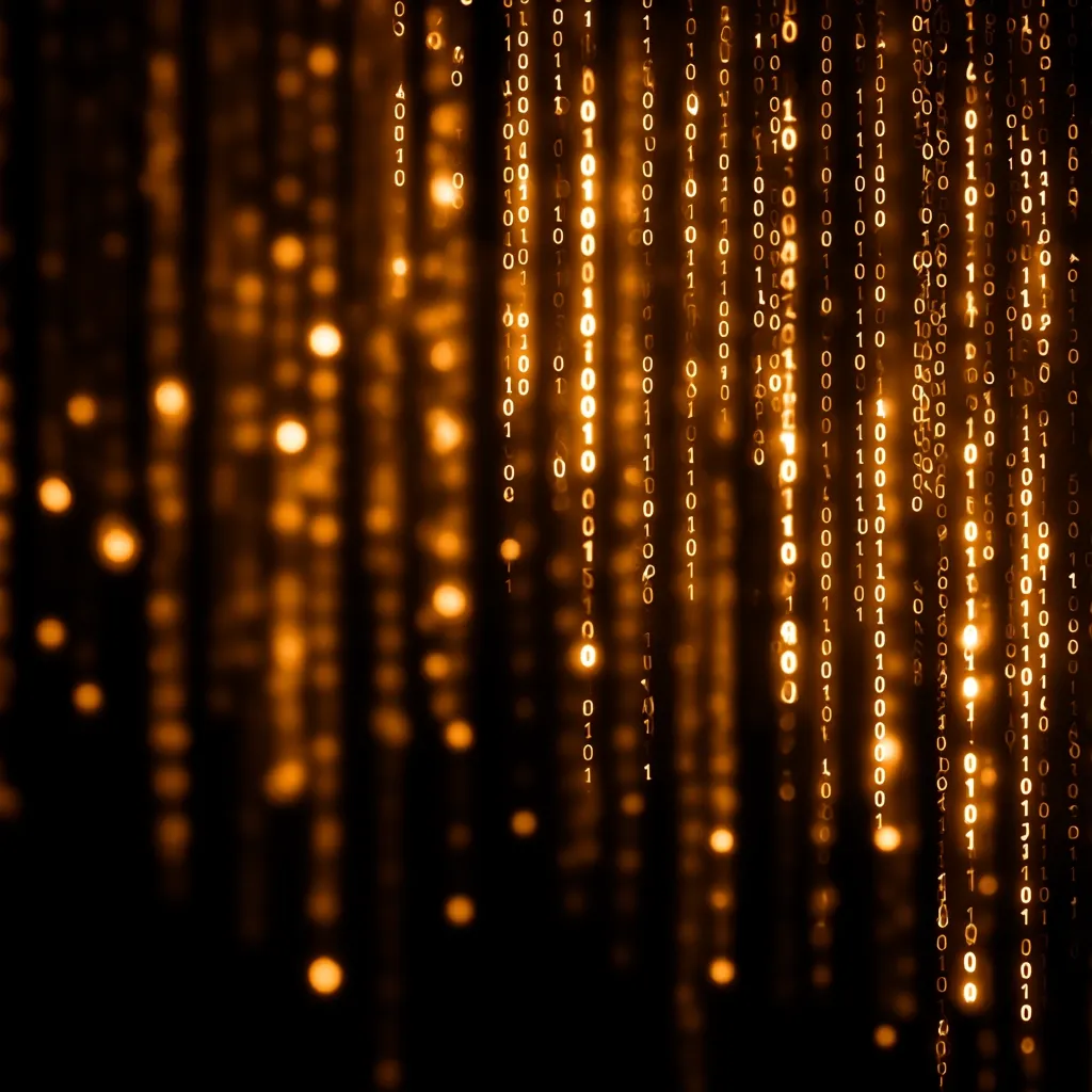 A dark background is filled with vertical streams of glowing orange binary code.  The digits 0 and 1 appear as bright, slightly blurred points of light, creating a cascading effect reminiscent of digital rain. The overall impression is one of technological energy and data flow.