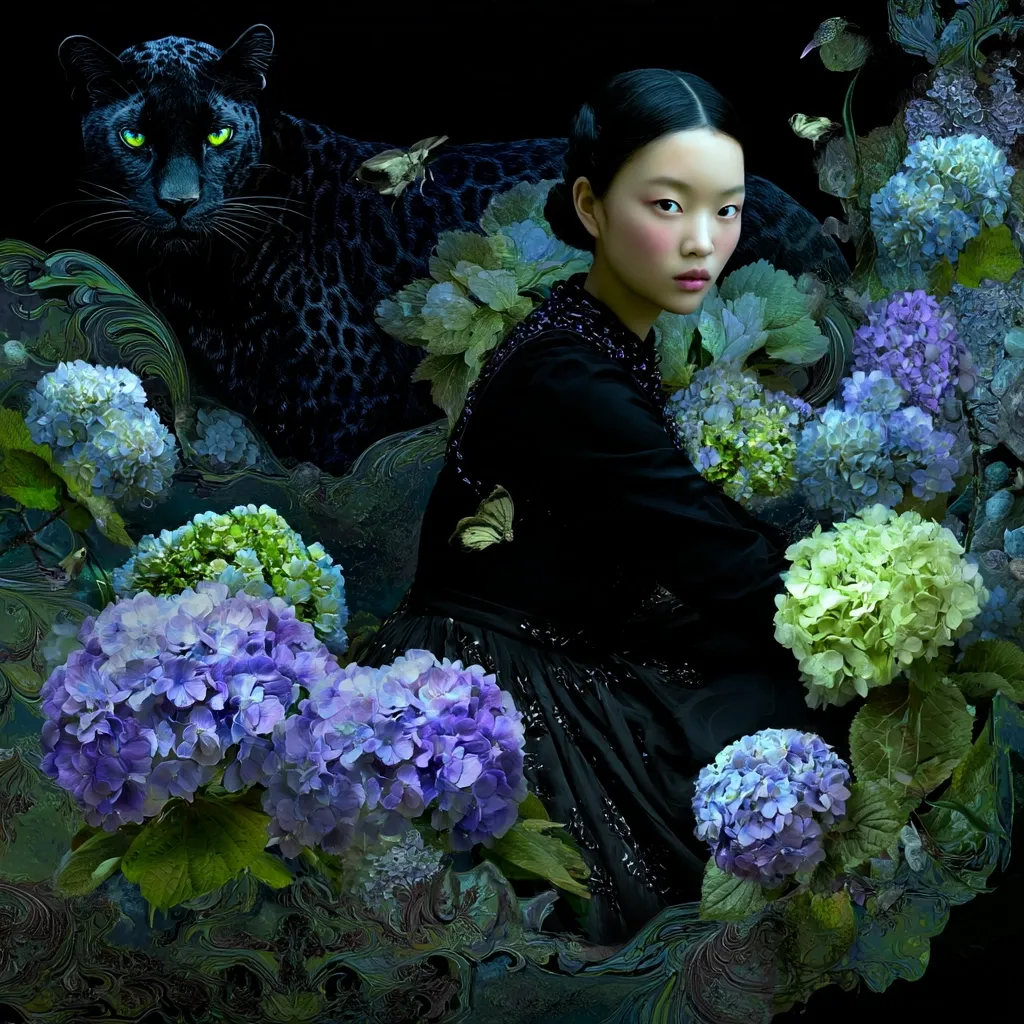 A young woman in a dark, elegant dress sits amidst a vibrant array of hydrangeas in shades of blue, green, and purple.  A black panther, with luminous green eyes, rests behind her, adding a mysterious and regal touch to the scene.  Butterflies flutter around, enhancing the dreamlike quality of the image, which blends elements of fantasy and high fashion.  The background features swirling, dark patterns, enhancing the overall dramatic effect.