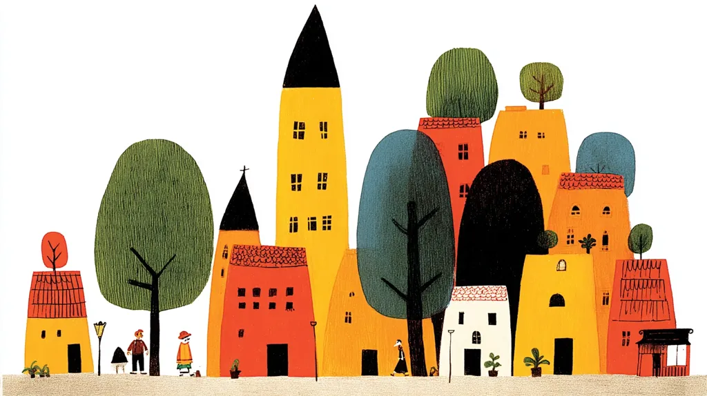 A charming illustration depicts a whimsical village nestled among stylized trees.  Buildings in warm oranges, reds, and yellows are stacked together, varying in height and shape.  Simple, childlike figures stroll along a path in front of the homes. The overall style is playful and slightly naive, reminiscent of children's book art.  The clean lines and bold colors create a cheerful and inviting atmosphere.