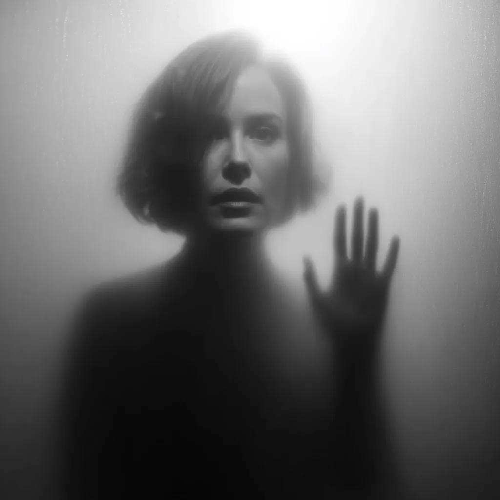 A black and white image shows a woman's silhouette behind a frosted glass.  Her short bob is visible, and her face, though obscured, expresses worry or distress.  Her hand rests against the glass, creating a sense of isolation and vulnerability.  The diffused light adds to the mysterious and somewhat melancholic mood.