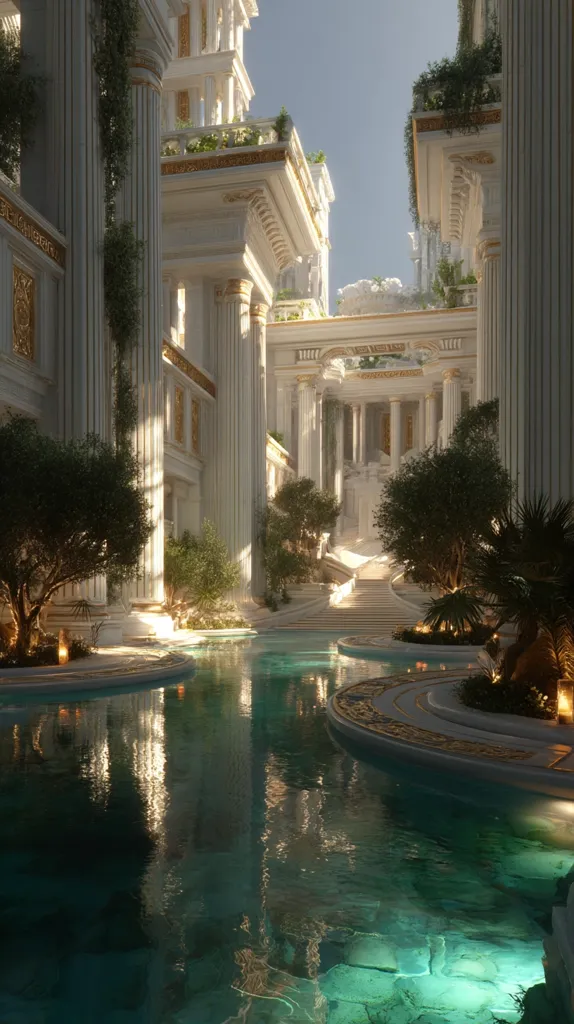 A serene, digitally rendered image depicts a grand, white classical courtyard.  Tall columns frame a reflecting pool, its turquoise waters mirroring the opulent architecture. Lush greenery softens the stark white stone, while soft sunlight illuminates the scene.  A grand staircase ascends towards a higher level, creating a sense of depth and scale. The overall impression is one of tranquil majesty.
