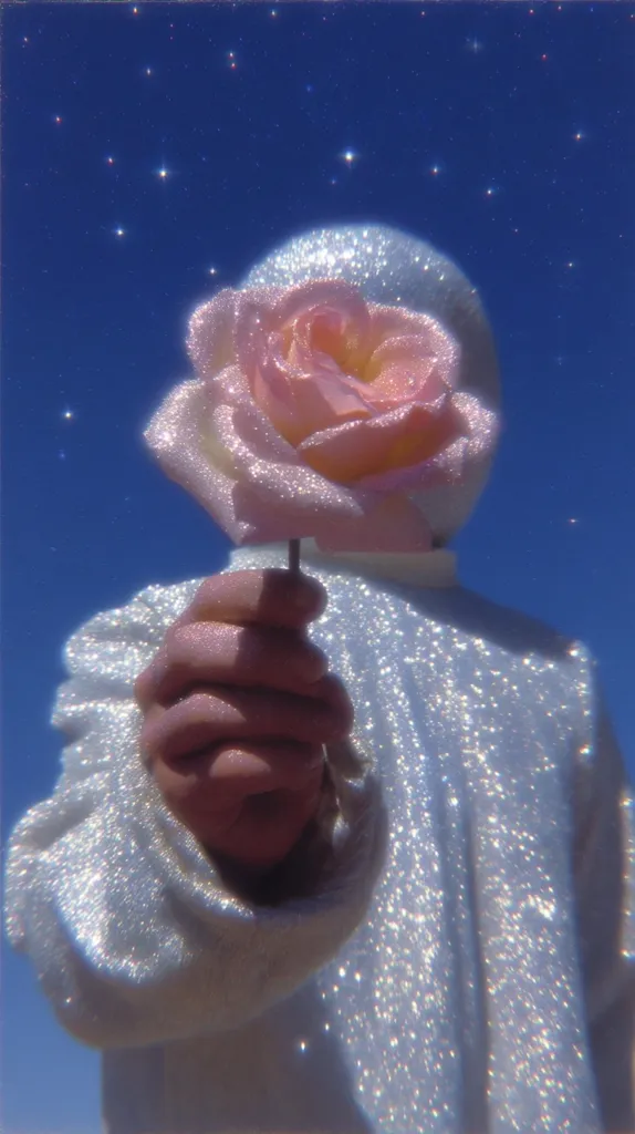 A figure, seemingly wearing a glittering white spacesuit, holds a pink, sparkly rose against a vibrant blue, star-studded sky. The image evokes a dreamy, surreal atmosphere, blending celestial elements with a delicate floral touch.  The glitter effect adds to the whimsical and ethereal quality of the scene.